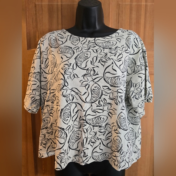 Mishi Black White Fish Pattern Short Sleeve Oversized Crop One Size 100% Cotton - Picture 1 of 6
